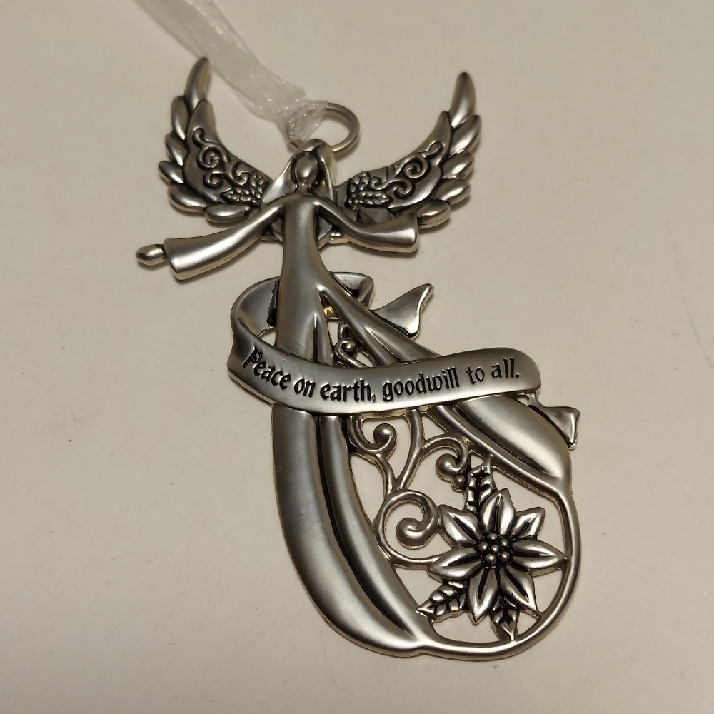 Pewter Angel Ornament “Peace on Earth, Goodwill to All” Floral Christmas